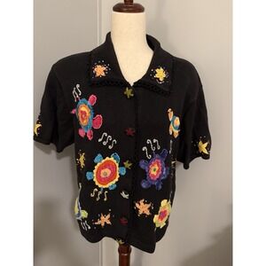 Berek Cardigan Sweater XL Black Sea Turtle Starfish Crochet Beaded Novelty